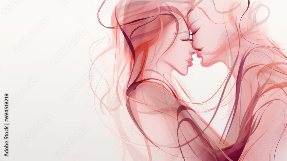  a couple of people that are kissing in front of a white background with a red swirl on the back of the image.