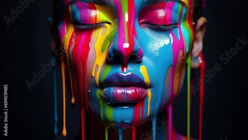 Female face with colourful paint falling down face photo