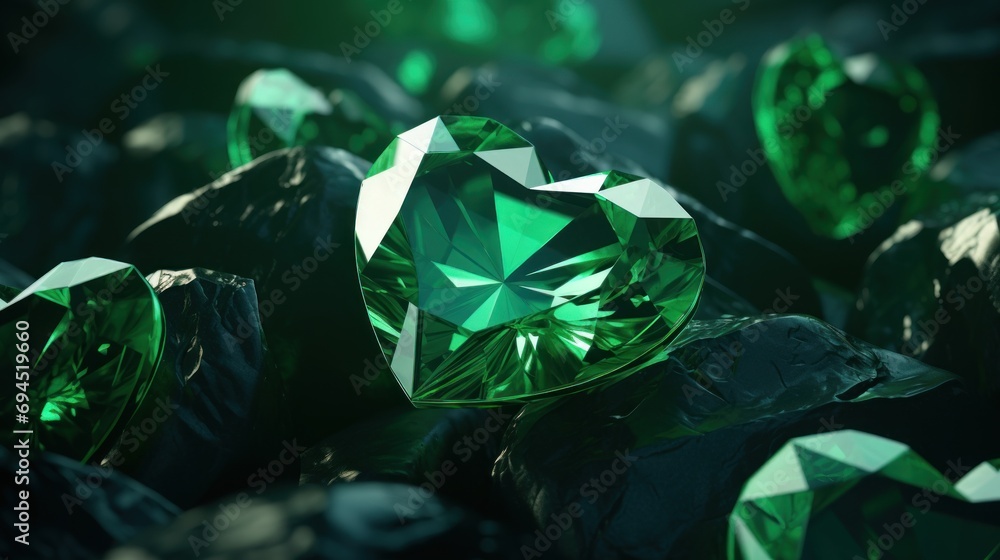  a close up of a green diamond in a pile of other green diamond in a pile of other green diamonds. - obrazy, fototapety, plakaty 
