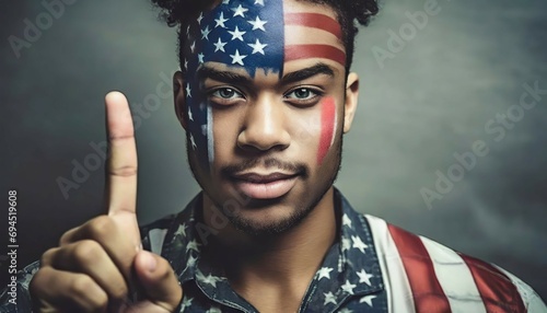 A man with American flag colors painted on his face - he is holding up index finger meaning number one - we are all Americans photo