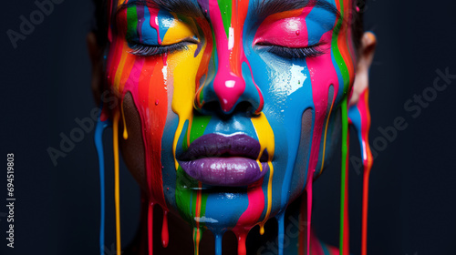 Female face with colourful paint falling down face