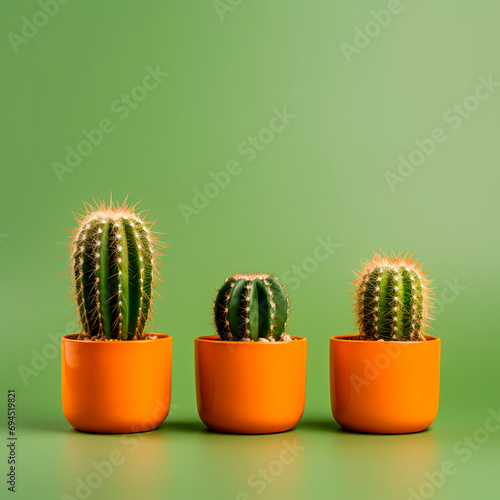 Cacti in clay pots on an olive background. Minimalism. 