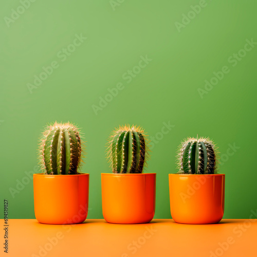 Cacti in clay pots on an olive background. Minimalism. 