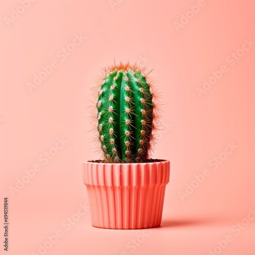A cactus in a pot on a peach background. Minimalism.