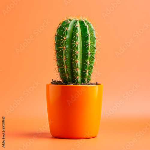 A cactus in a pot on an orange background. Minimalism. 