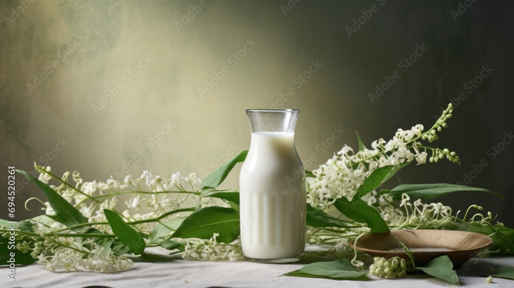 a bottle of milk sitting on top of a table next to a vase filled with flowers and a wooden spoon. a bottle of milk sitting on top of a table next to a vase filled with flowers and a wooden spoon.