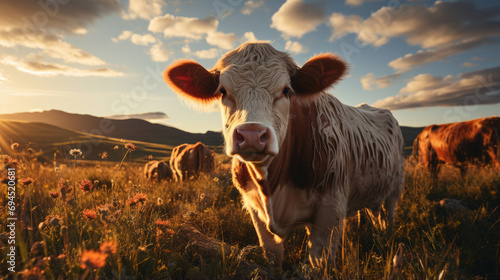 Well-groomed cow in the field.Farm life. Cow in the pasture