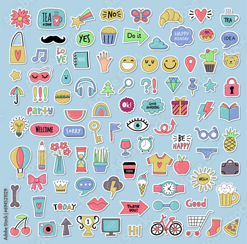 Planner stickers. Reminder colored funny sticky icons for daily routine planning recent vector illustrations set