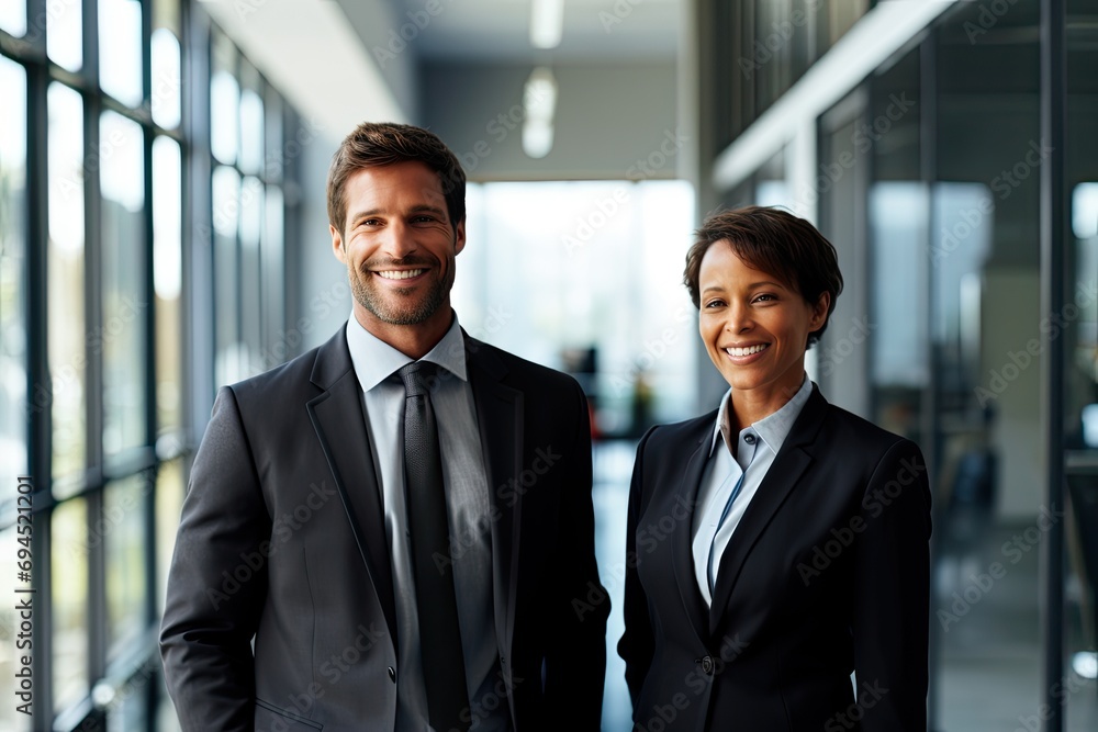 A professional couple, a businessman and a businesswoman, lead a successful corporate team with confidence. A professional couple, a businessman and a businesswoman, lead a successful corporate team with confidence.