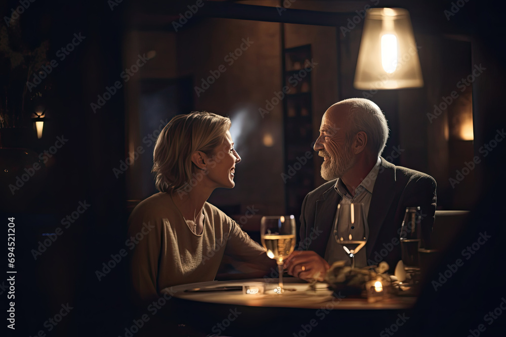 In a cozy restaurant, a senior couple celebrates their love and togetherness, enjoying a romantic meal with glasses of wine