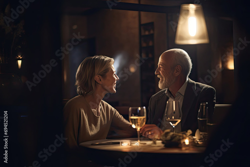 In a cozy restaurant, a senior couple celebrates their love and togetherness, enjoying a romantic meal with glasses of wine