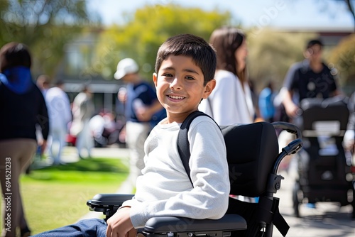 A cute Indian boy in a wheelchair, radiating happiness in a sunlit park setting, symbolizing strength and resilience. photo