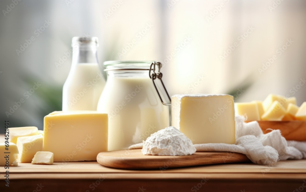 Dairy products on a wooden kitchen table on a blurred room background Dairy products on a wooden kitchen table on a blurred room background