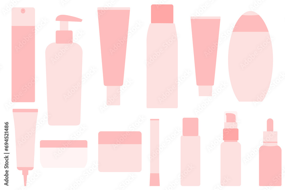 Set of blank empty and clean pink cosmetic containers. Multi use vector isolated items Set of blank empty and clean pink cosmetic containers. Multi use vector isolated items
