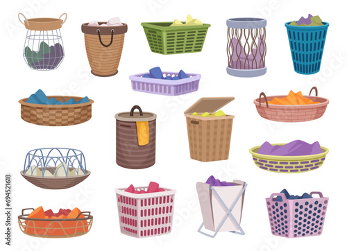 Bin for clothes. Baskets for laundry room dirty clothes exact vector pictures in colored style