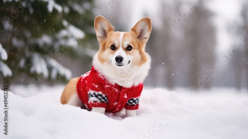 Corgi Christmas background. Xmas Welsh Corgi Pembroke dog portrait wearing Christmas red sweater for Christmas postcard, wallpaper, banner, backdrop, web, card, poster, cover, print. photo