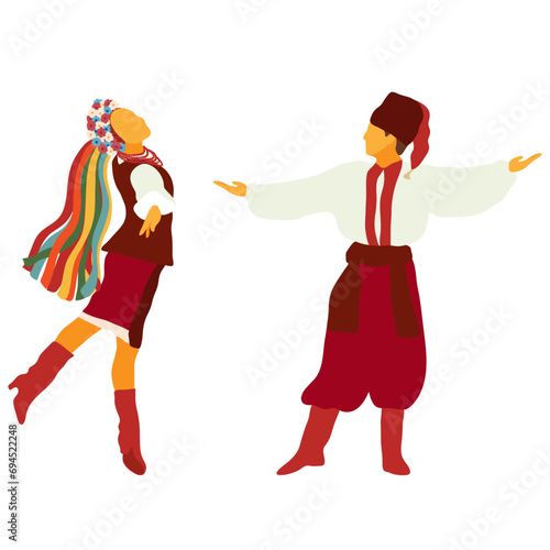 Ukrainian couple man and girl in traditional folk clothing posing. Isolated on white background vector illustration