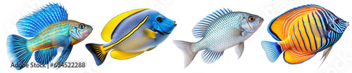 Multicolored aquarium fishes on a transparent background, side view. Spiny Chromis, Royal Gramma, Surgeonfish, Tang saltwater aquarium fish, isolated on a white background photo