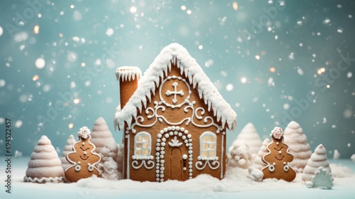  a close up of a gingerbread house in the snow with trees and snowflakes on the side of the house.