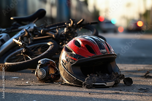 Helmet and bike lying on the road after a car hit a cyclist on a pedestrian crossing