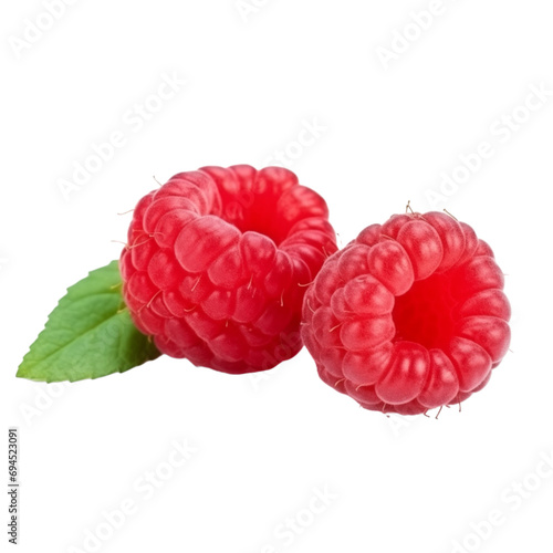 fresh organic raspberry cut in half sliced with leaves isolated on white background with clipping path photo