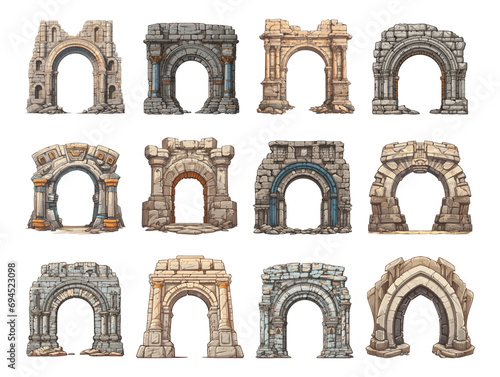 Ancient stone portals isolated. Old antique rock cartoon gates on white background