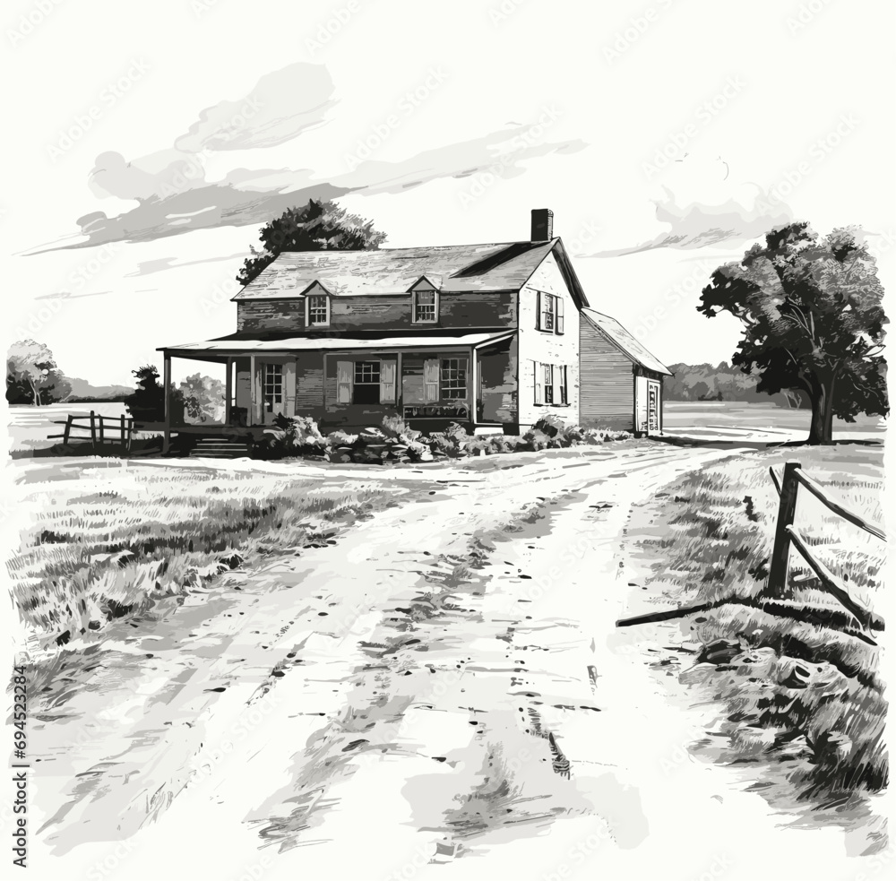 Farm house vintage engraving. Farmers cottage countryside etch graphics, village farmhouse scene hand-drawn sketch vector illustration