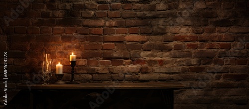 Dimly lit cellar with candle lamp and old brick wall.