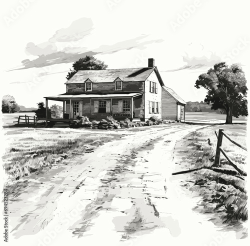 Farm house vintage engraving. Farmers cottage countryside etch graphics, village farmhouse scene hand-drawn sketch vector illustration