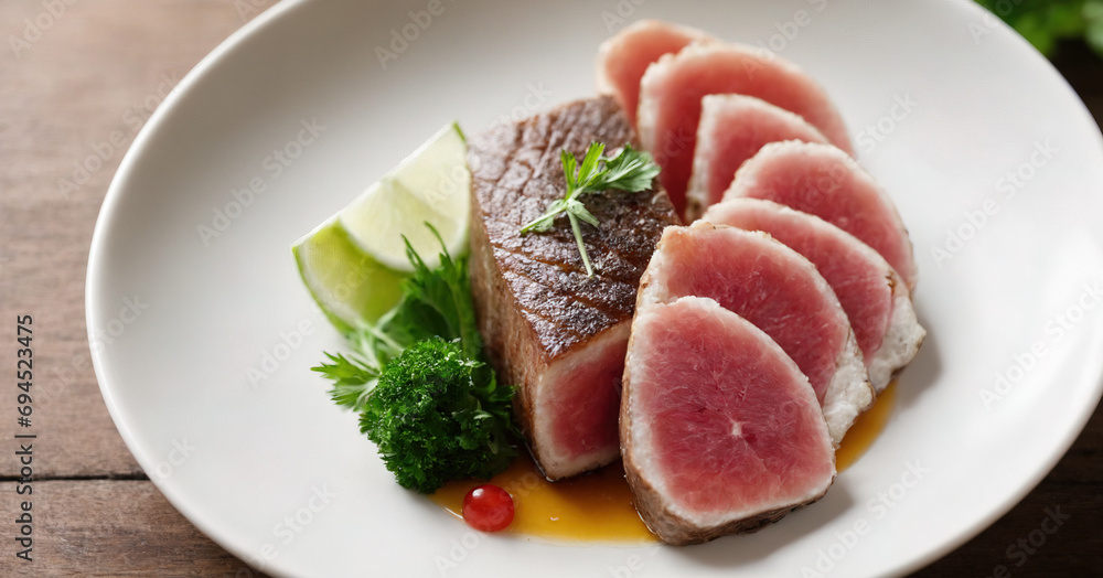 Savor the freshness of a delectable tuna steak, isolated on a clean white background. This top-view shot captures the raw beauty of the red fillet Savor the freshness of a delectable tuna steak, isolated on a clean white background. This top-view shot captures the raw beauty of the red fillet