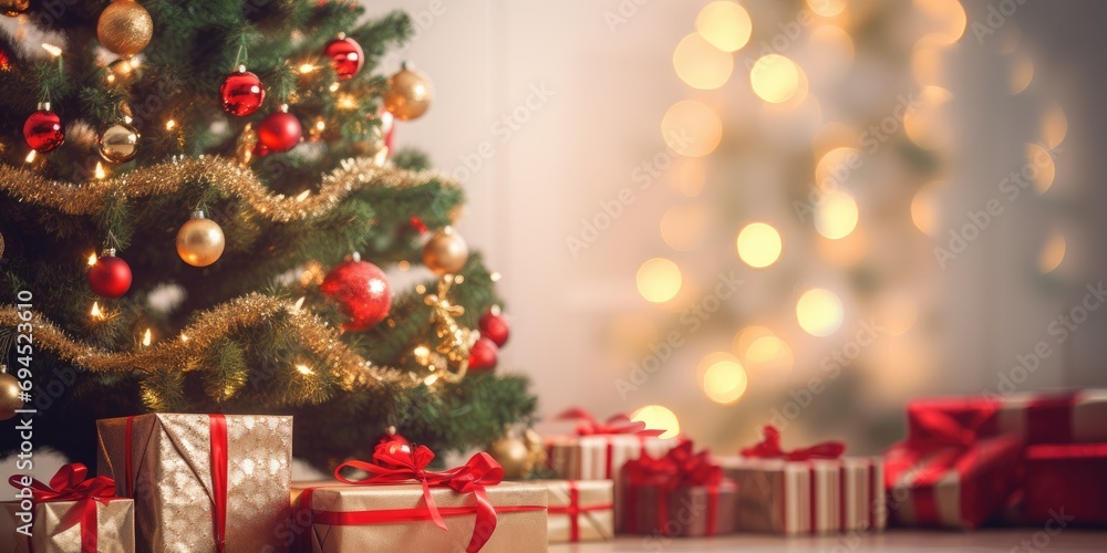 Blurred view of a festive Christmas tree with presents, focus on the floor.
