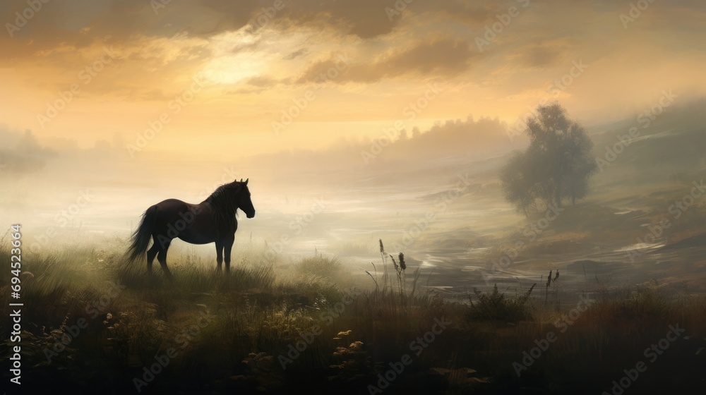 a painting of a horse standing in a foggy field with a sunset in the background and trees in the foreground. a painting of a horse standing in a foggy field with a sunset in the background and trees in the foreground.