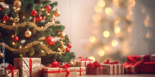 Blurred view of a festive Christmas tree with presents  focus on the floor.