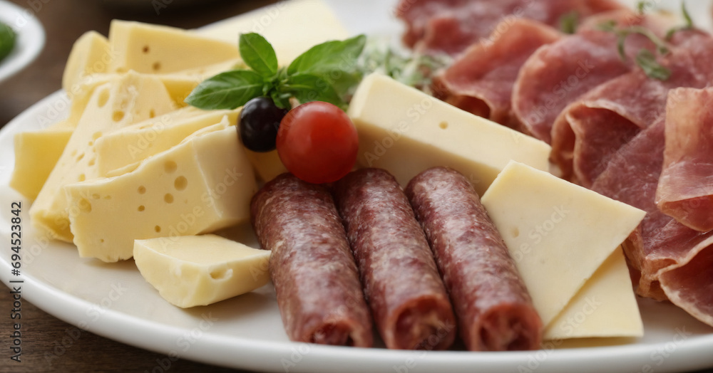 Savor the flavors of a gourmet delicatessen with this enticing photo featuring a platter of Italian and Spanish delights. Savor the flavors of a gourmet delicatessen with this enticing photo featuring a platter of Italian and Spanish delights.