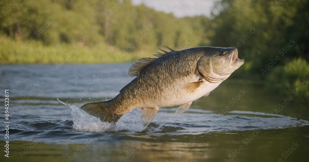 Fototapeta premium Experience the thrill of fishing as a large-mouth bass leaps into the air, capturing the essence of angling excitement.