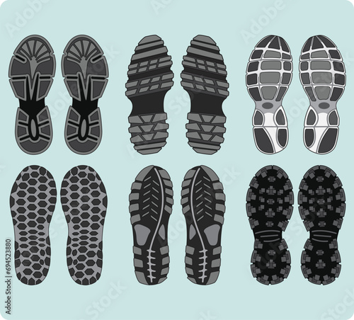 Shoe sole design pattern set vector for footwear, Sneaker, Boots, sandals, chukkas, slippers and flip flop. Shoe footprint silhouettes for sports shoes, running shoe, hiking boots and tracking shoes