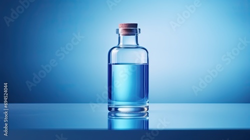 Blue glass bottle on colored background, indoor studio shot. Generative AI