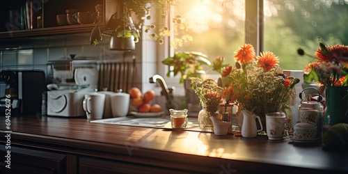 Home window with a cozy vase of beautiful, fresh flowers, enhancing the sunny room. photo