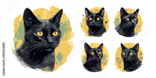 Black cats portraits. Watercolor cat with yellow eyes avatars. T-shirt print, poster or sticker design vector elements with wild animal
