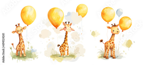 Cute watercolor cartoon giraffe with balloons. Childish style animals, funny wild animal on meadow. Characters for cards, prints, stickers vector set