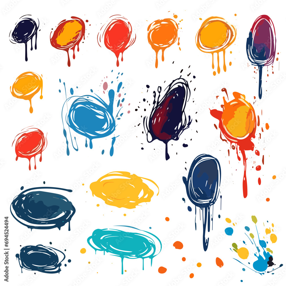 Gouache spots and blobs, splashes and drops. Paint colorful elements, isolated brush rounds with paints flows, vector decorative abstract collection Gouache spots and blobs, splashes and drops. Paint colorful elements, isolated brush rounds with paints flows, vector decorative abstract collection