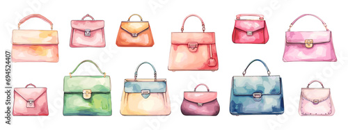 Female fashion purse. Watercolor handbags icons, isolated purses and bags set. Stylish women accessories, vector collection