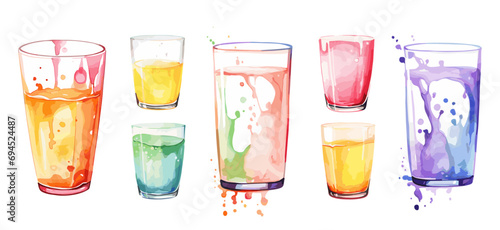 Glasses with colorful liquids. Watercolor drinks, beverages, water and juice in glass. Isolated art design, decorative vector elements