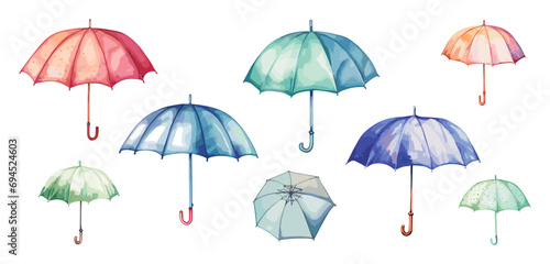 Isolated watercolor umbrellas canes. Rainy day colorful accessories, umbrella decorative icons. Fashion weather elements, vector collection