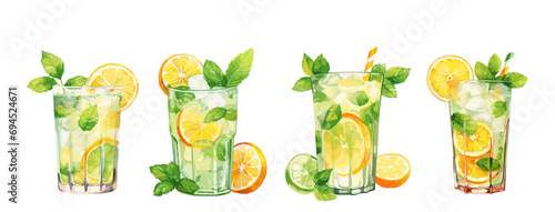 Lemonade in glass, water with citrus and mint. Fresh summer drinks, virgin mojito with orange. Beach bar beverages, vector refreshing clipart