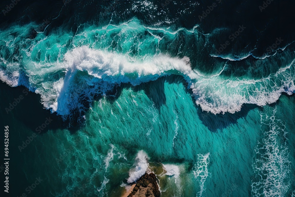 Aerial view of turquoise ocean waves breaking on sandy beach