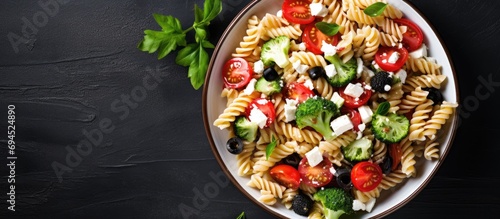 Top-down view of feta cheese pasta salad with tomato, broccoli, and black olives.