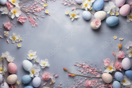 Pastel color Easter eggs arrangement on light blue concrete background  top view  copy space for text