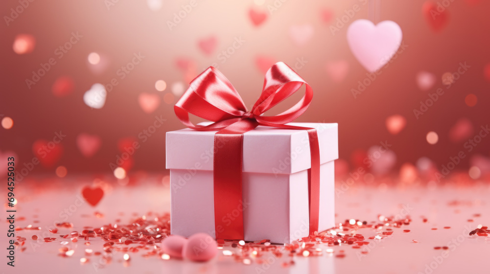 Gift box tied with a ribbon, surrounded by small hearts and a bokeh light effect on a pink background, suggesting a romantic occasion like Valentine's Day. Gift box tied with a ribbon, surrounded by small hearts and a bokeh light effect on a pink background, suggesting a romantic occasion like Valentine's Day.