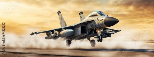 Combat military fighter rapidly takes off at high speed from the runway for tracking and hitting a target with copy space photo